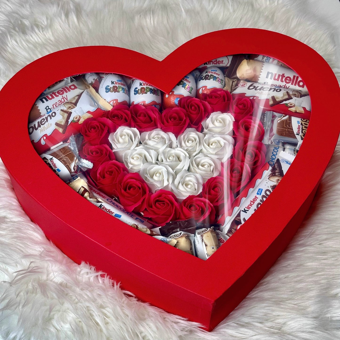 Red Heart-Shaped Box with Soap Roses and Sweets 47 cm