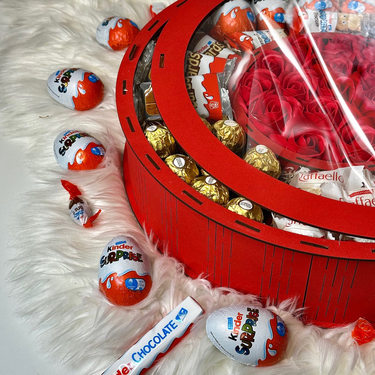 Large Red Wooden Gift Box with Soap Roses & Sweets 40*40 cm