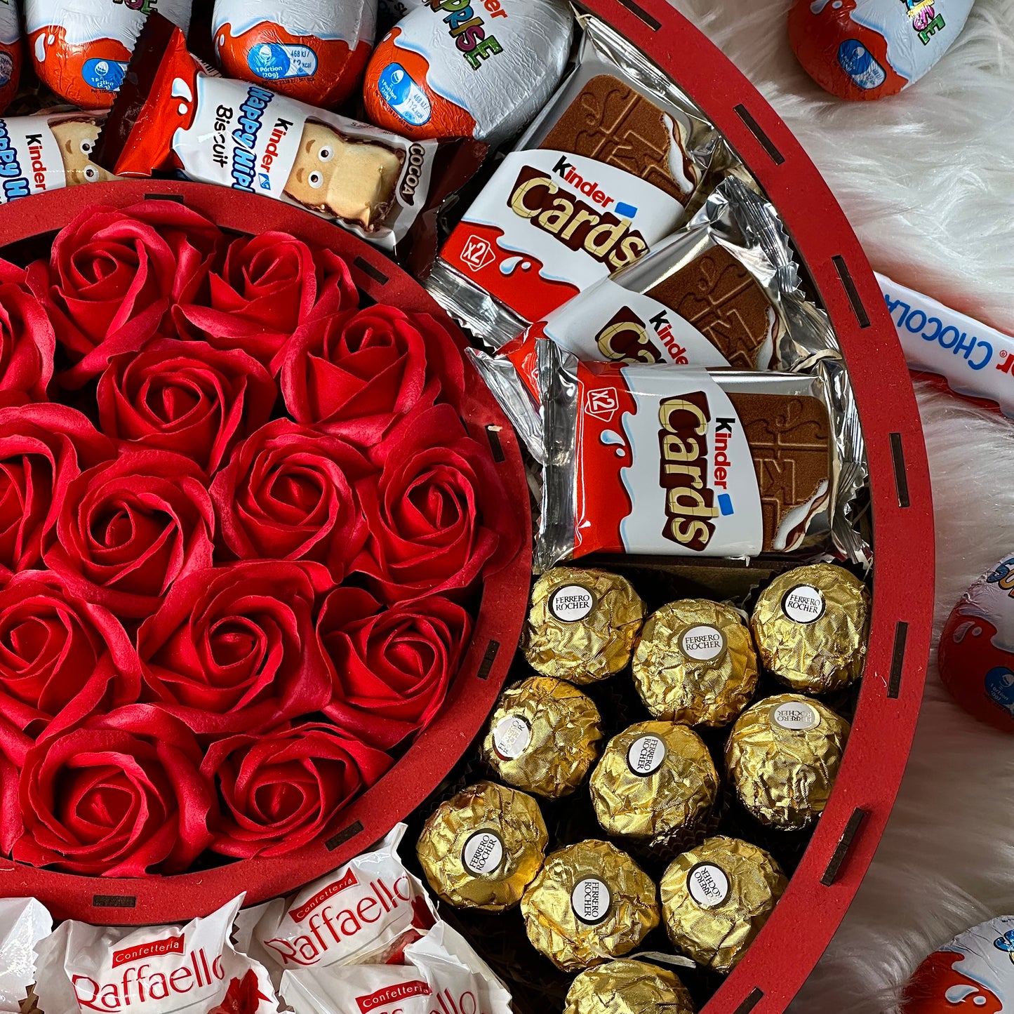 Large Red Wooden Gift Box with Soap Roses & Sweets 40*40 cm
