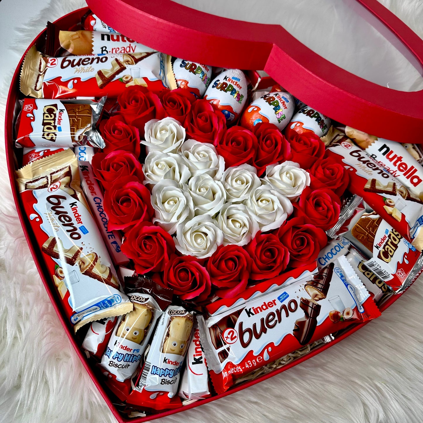 Red Heart-Shaped Box with Soap Roses and Sweets 47 cm