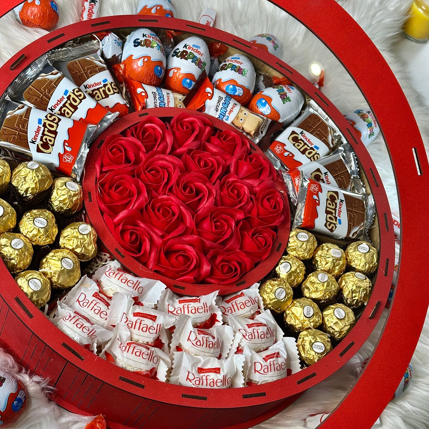 Large Red Wooden Gift Box with Soap Roses & Sweets 40*40 cm