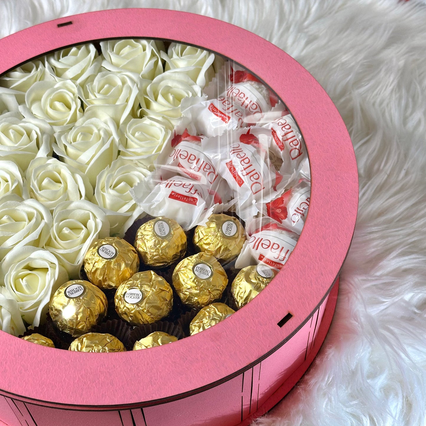 Pink Round Wooden Gift Box with Soap Roses & sweets – 30x30 cm