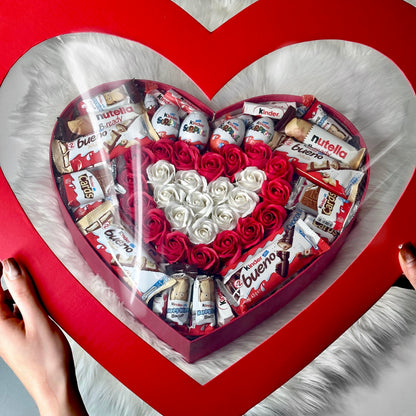 Red Heart-Shaped Box with Soap Roses and Sweets 47 cm