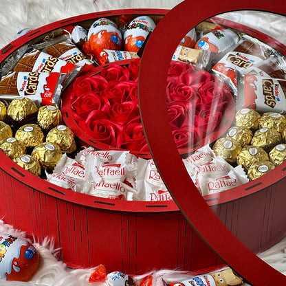 Large Red Wooden Gift Box with Soap Roses & Sweets 40*40 cm
