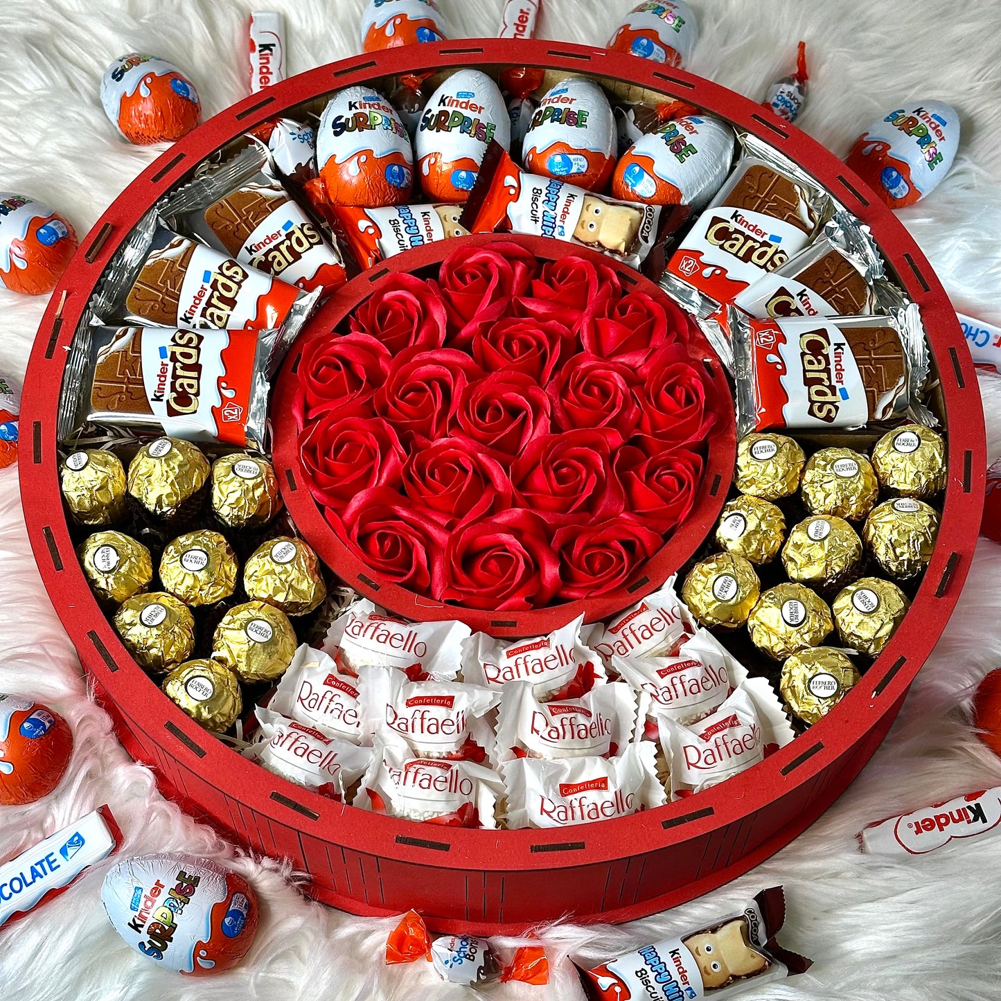 Large Red Wooden Gift Box with Soap Roses & Sweets 40*40 cm