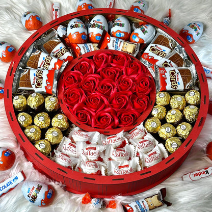 Large Red Wooden Gift Box with Soap Roses & Sweets 40*40 cm