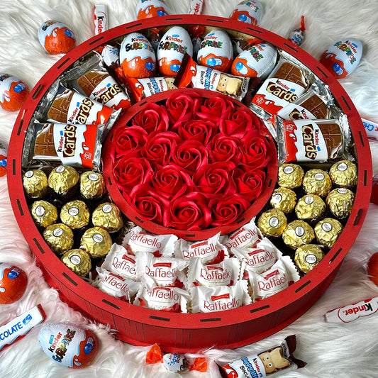 Large Red Wooden Gift Box with Soap Roses & Sweets 40*40 cm