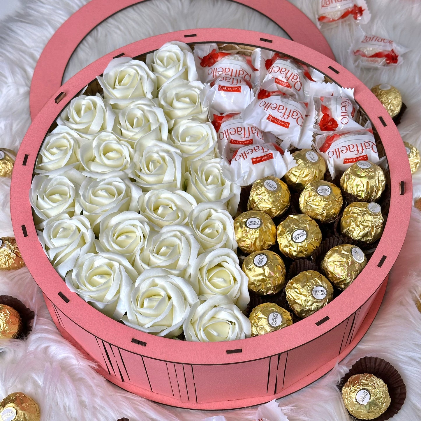 Pink Round Wooden Gift Box with Soap Roses & sweets – 30x30 cm
