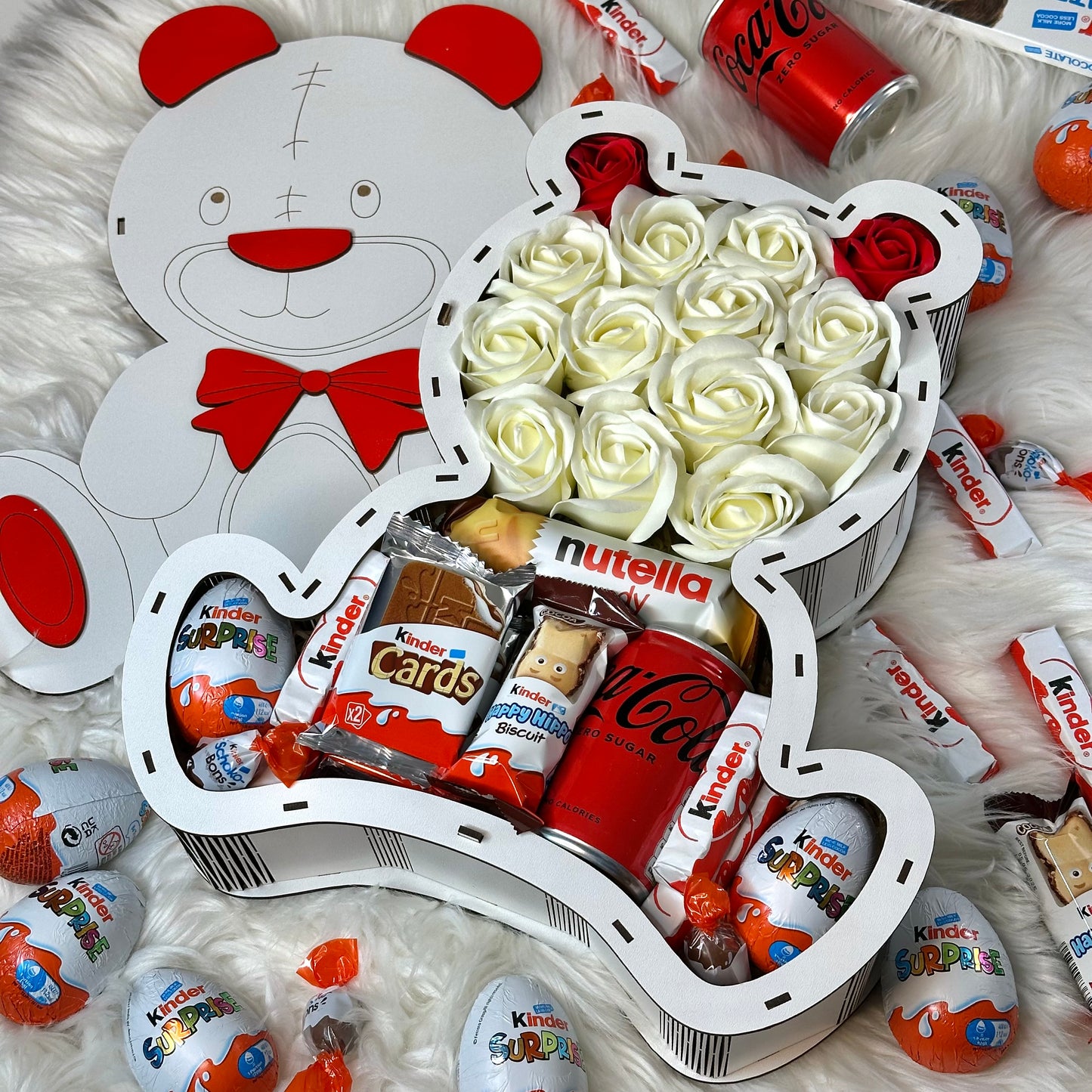 Teddy Bear Shaped Wooden Gift Box with Soap Roses 34 cm