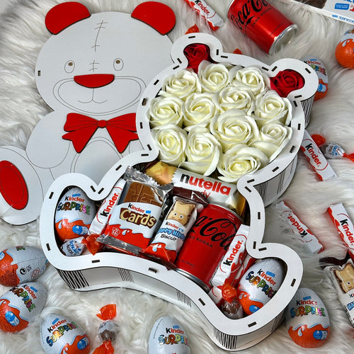 Teddy Bear Shaped Wooden Gift Box with Soap Roses 34 cm