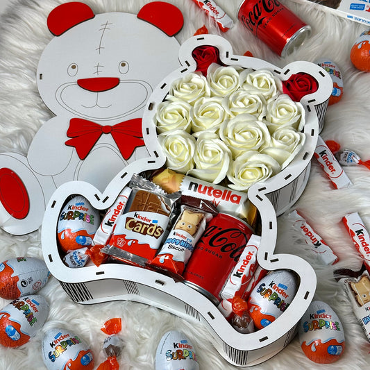 Teddy Bear Shaped Wooden Gift Box with Soap Roses 34 cm