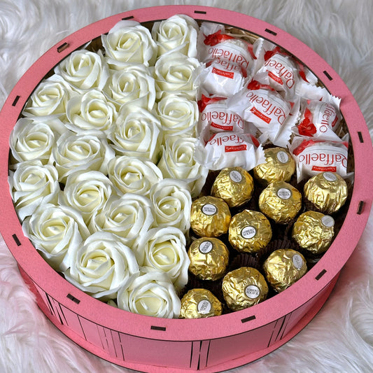Pink Round Wooden Gift Box with Soap Roses & sweets – 30x30 cm